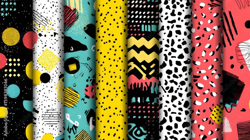 Memphis seamless patterns. Funky pattern, retro fashion 80s and 90s print pattern texture. Geometric graphics style textures. Abstract memphis decoration fabric vector set Memphis seamless patterns. Funky pattern, retro fashion 80s and 90s print pattern texture. Geometric graphics style textures. Abstract memphis decoration fabric vector set
