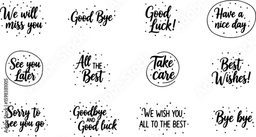 Vector art of farewell phrases for saying goodbye and wishing luck