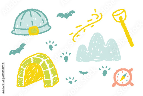 Joyful Explorer's Kit: Playful and child-like illustrations evoke a sense of adventure, with charming depictions of a hard hat, snow, bats, a compass, footprints, and an igloo on a blank canvas. 