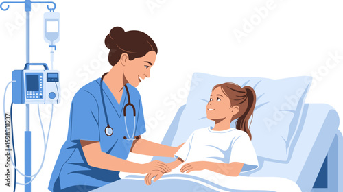 Caring nurse attends to young patient receiving intravenous treatment in hospital bed