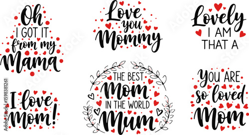 Vector art of loving phrases for mom, mommy, and mum