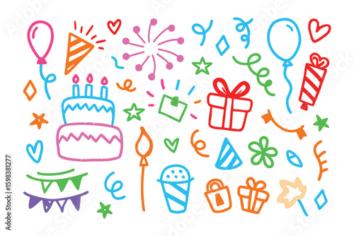 Festive Birthday Doodle: A colorful and charming doodle illustration of a birthday celebration, showcasing balloons, a cake, gifts, and other celebratory elements. 
