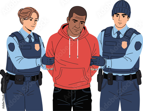 Two police officers escorting a suspect in a red hoodie