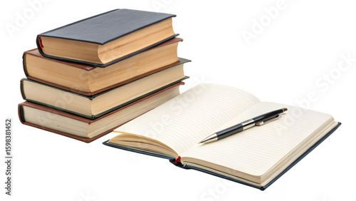 Stack of books with open notebook and pen ready to write notes on transparent background