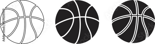 Three stylized basketball illustrations showing different levels of detail
