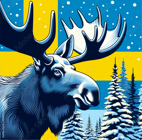 Moose in pop art vector layout, Swedish flag colors, stylized snow forest background. For t-shirt prints, posters, cands, stickers and other uses.