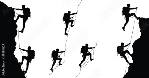 Vector art of silhouetted climbers ascend steep rock faces, showcasing the determination and challenge of mountain climbing