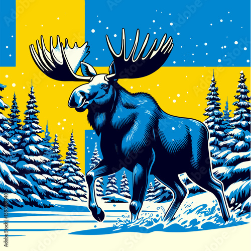 Moose in pop art vector layout, Swedish flag colors, stylized snow forest background. For t-shirt prints, posters, cands, stickers and other uses.