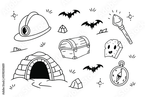 Treasure Hunter's Toolkit: An illustrated treasure hunter's toolkit features a helmet, bats, a compass, a torch, a chest and a cave entrance, all ready for a successful adventure.