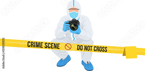 Forensic investigator in protective gear documents evidence behind crime scene tape