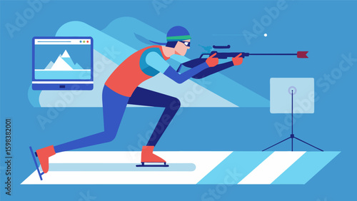 A biathlete stands at a virtual starting line heart racing as they prepare to compete against virtual opponents in a simulated biathlon race. Every. Vector illustration