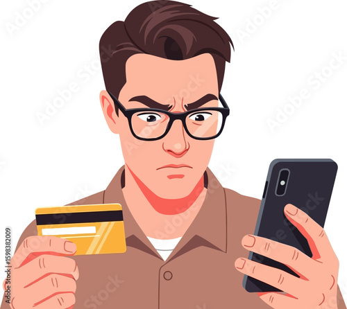 Frustrated man holding credit card and smartphone experiencing online payment issues