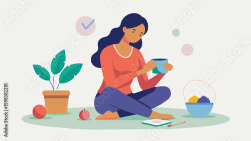 A multitasking mom finds a moment for herself each day by sitting down with her embroidery project finding a mindful break from the chaos of raising a. Vector illustration
