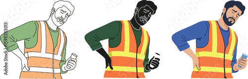 Diverse construction workers experiencing back pain and discomfort on the job