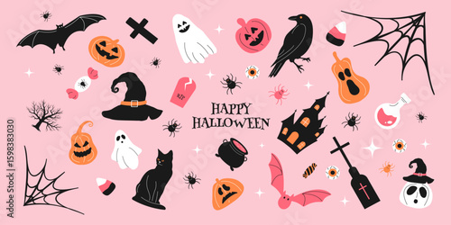 Halloween Scary Spooky Elements Flat set with Festive symbols Icons. Collection Modern Trendy Stickers Holiday October 31. Vector Illustration Halloween Сastle Pumpkin Witch Hat Spider Bat ghost cat.