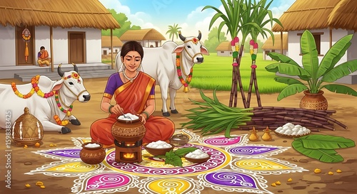 Illustration of a South Indian woman celebrating the Pongal harvest festival with traditional food, rangoli, and decorated oxen in a village