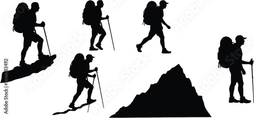 Vector art of silhouettes of hikers with backpacks using trekking poles while walking and climbing on mountains isolated on white background