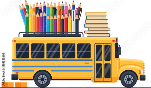 Bright yellow school bus loaded with colorful pencils and books for education