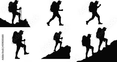 Vector art of silhouettes of hikers with backpacks walking and climbing on mountains isolated on white background