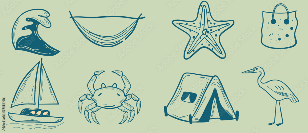 Fototapeta premium Collection of Tropical Motifs and Seaside Elements for a Fresh Aesthetic, Collection of Tropical Motifs and Seaside Elements for a Fresh Aesthetic, Hand drawn summer illustration set