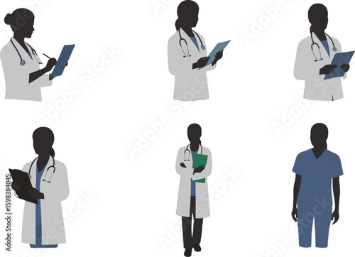 Vector art of silhouette illustrations of female doctors and nurses in various poses isolated on white background