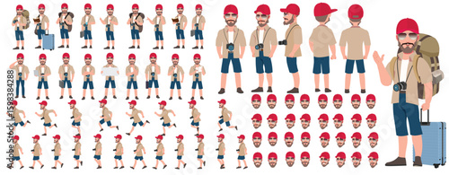 Traveler character model sheet, Character poses, expressions, Walk cycle, Run cycle animated character sequences.