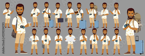 Traveler character model sheet, Character poses, expressions, Walk cycle, Run cycle animated character sequences.