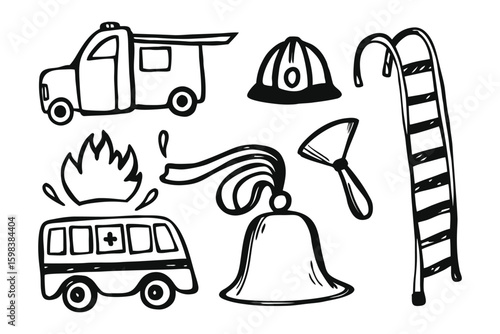 Firefighter's tools Illustration: A collection of essential firefighting tools, depicted in a clean, monochromatic illustrative style.
