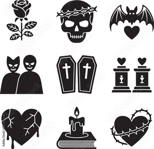 Gothic, Romance, Icon, Set, Horror, Death, Love, Tragedy, vector, silhouette