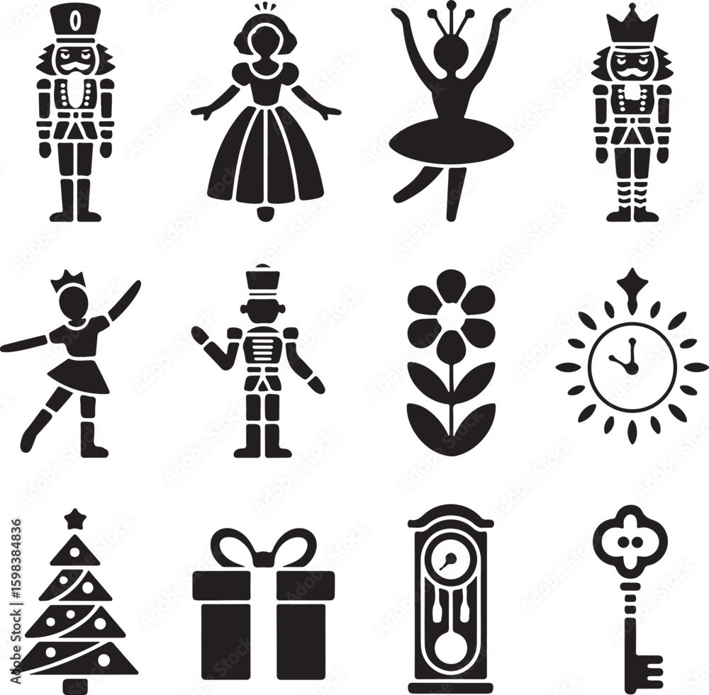Fototapeta premium Nutcracker, Icon, Set, Ballet, Christmas, Holiday, Fantasy, Story, vector, silhouette