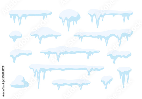 Cartoon set of snow caps and icicles in various shapes. Winter and cold season decoration vector elements.