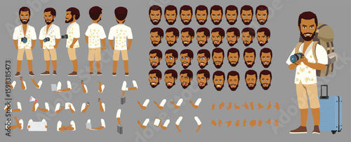 Traveler character model sheet, Character poses, expressions, Walk cycle, Run cycle animated character sequences.