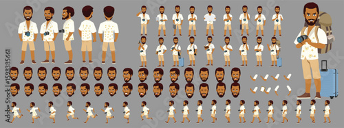 Traveler character model sheet, Character poses, expressions, Walk cycle, Run cycle animated character sequences.