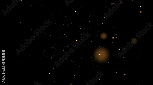 Shimmering golden particles light dust specks and bokeh effect floating on black background for elegant abstract overlay festive holiday design and luxury celeb