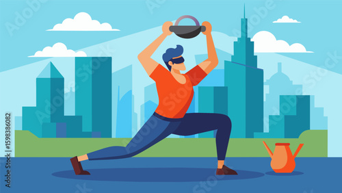 Against a futuristic skyline a man performs a virtual Turkish get up his VR kettlebell perfectly mimicking his reallife movements.. Vector illustration