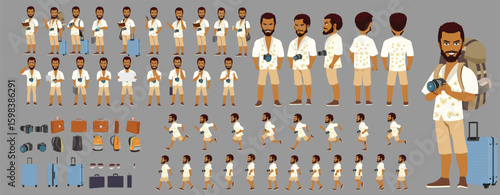 Traveler character model sheet, Character poses, expressions, Walk cycle, Run cycle animated character sequences.