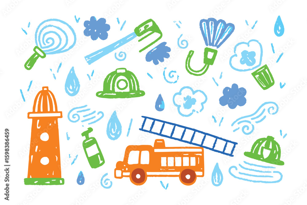 Fototapeta premium Emergency Service Doodle: A playful illustration of emergency service items, rendered in a charming doodle style, bringing a sense of fun and visual appeal.