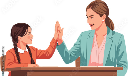 Teacher and student celebrate success with a high five at a desk