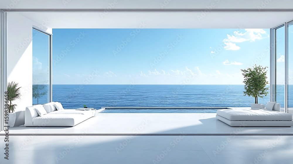 Fototapeta premium Panoramic ocean view from a modern, white interior space.