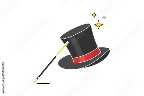 Classic black magician s top hat with a red ribbon and a magic wand with sparkling stars isolated on white background silhouette
