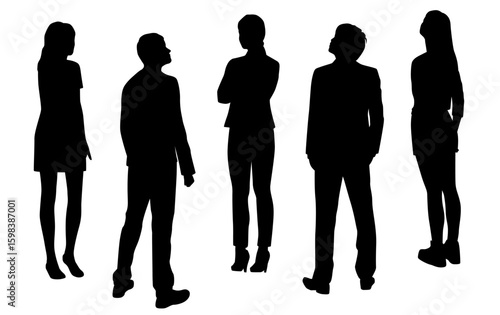 Vector silhouettes of two men and three women, a group of standing business people, looking up, back view, profile, black color isolated on white background
