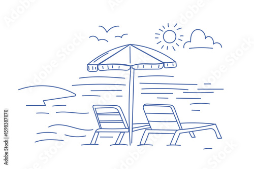 Doodle Tropical Exotic Beach Sun Beds Sea Coast View Outline Contour Illustration. Cute Decorative Simple Symbol Silhouette. Travel Resort Party Card Decoration.