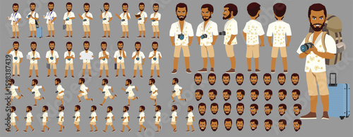 Traveler character model sheet, Character poses, expressions, Walk cycle, Run cycle animated character sequences.