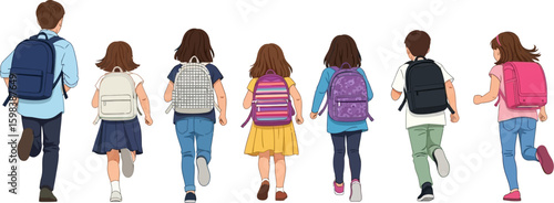 Diverse group of children with backpacks running away from the camera