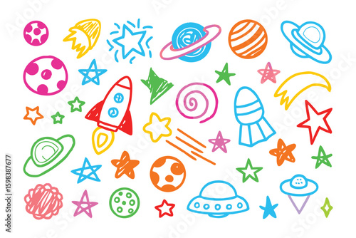Colorful cosmic doodle: A whimsical, hand-drawn collection of vibrant celestial elements including rockets, planets, stars, and other cosmic wonders. Evoking a sense of adventure and imagination. 