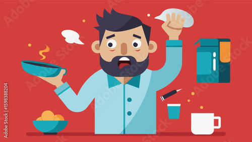 A hilarious reimagining of the artists morning routine complete with unexpected mishaps and comical reactions.. Vector illustration