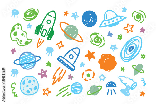 Cosmic Doodle: A whimsical collection of colorful, hand-drawn space-themed illustrations, inviting exploration into the vast unknown and spark of imagination.