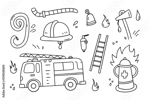 Firefighter's Tools: A captivating doodle style illustration of essential firefighter tools, perfect for projects related to firefighting, safety, or community service.