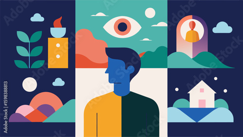 A minimalist collage using simple images and colors to convey a sense of introspection and selfawareness.. Vector illustration