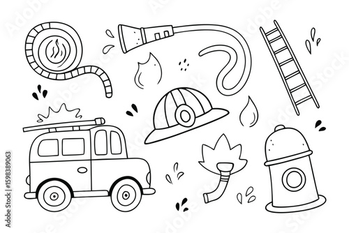 Firefighter's Tools: A collection of essential firefighter's tools, from hoses and helmets to fire trucks, ladders, and water source.